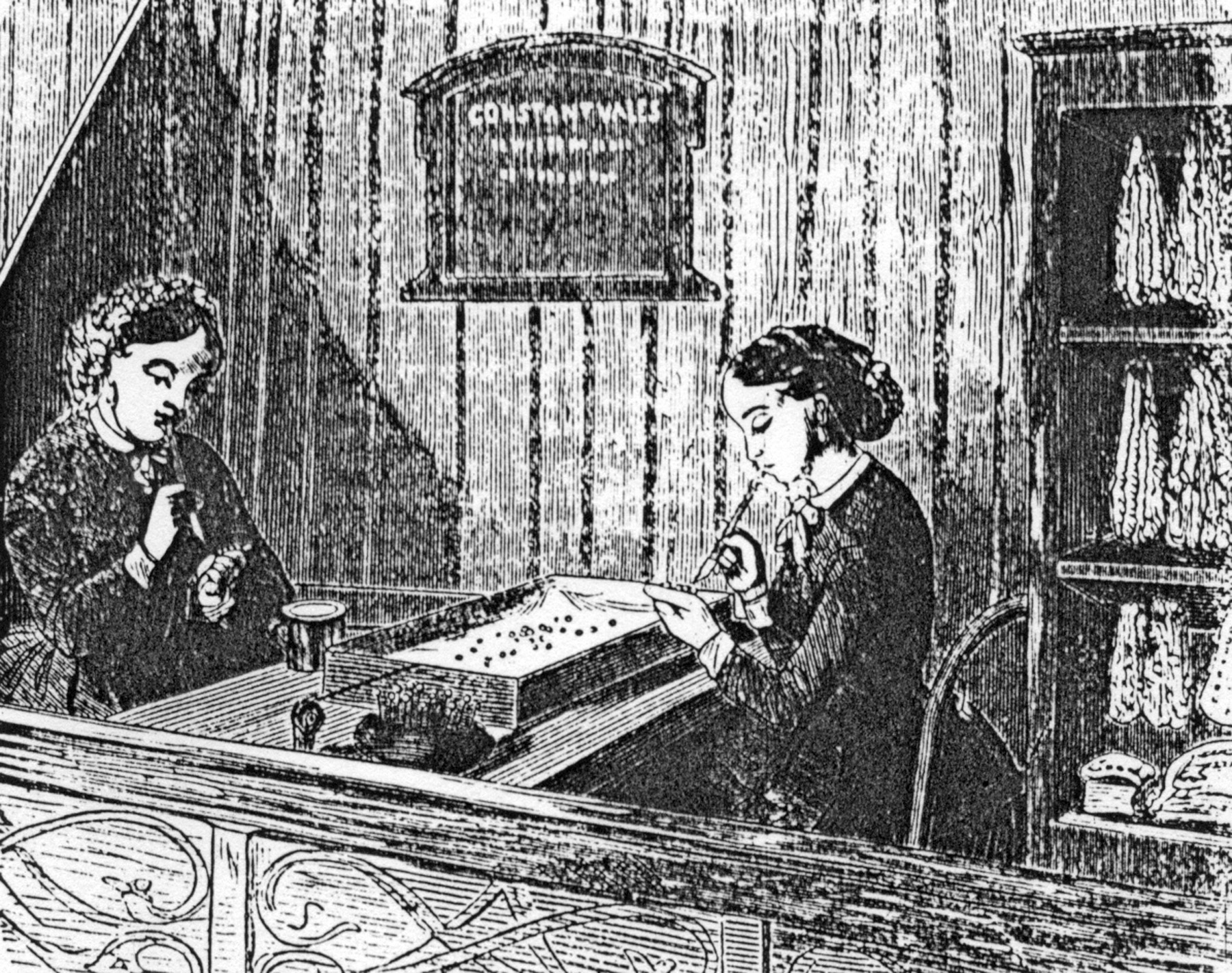 Black and white drawing showing two women making artificial pearls